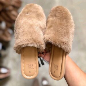 Tan Faux-Fur Slide mules- Cozy Women's Slip-Ons